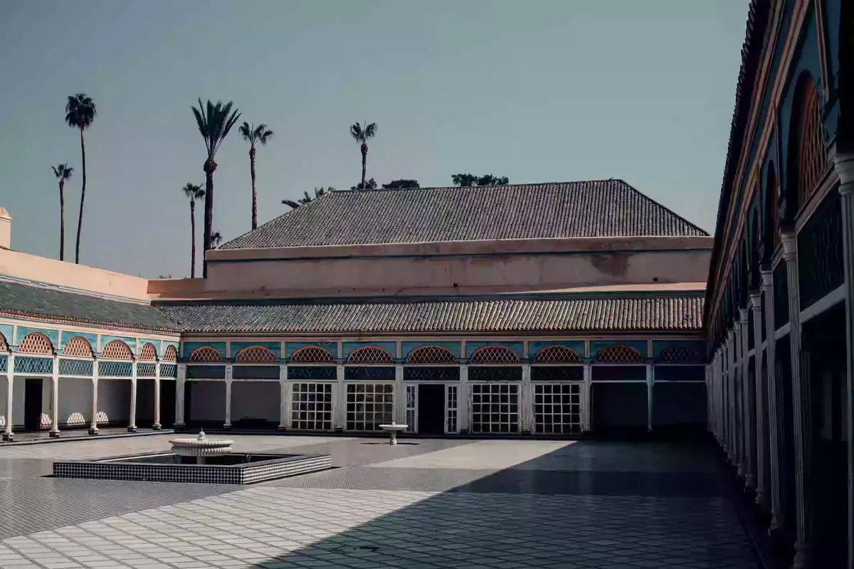Marrakech palace courtyard with traditional riad architecture, Morocco