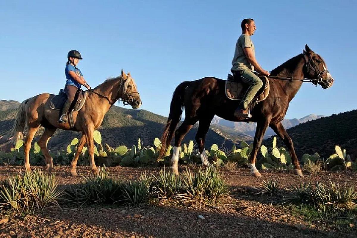 Two riders on horses crossing dry countryside below the Atlas foothills