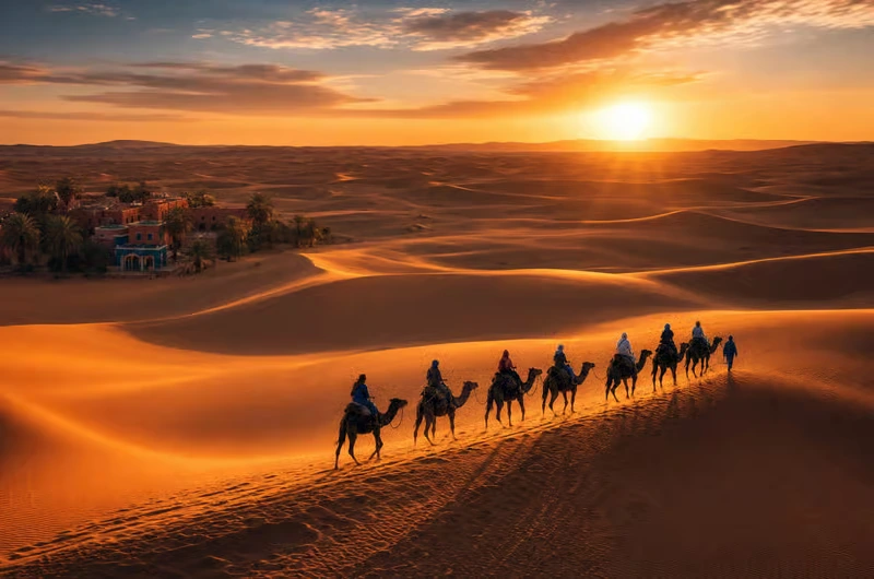 Camel caravan crossing the Erg Chebbi dunes at sunset