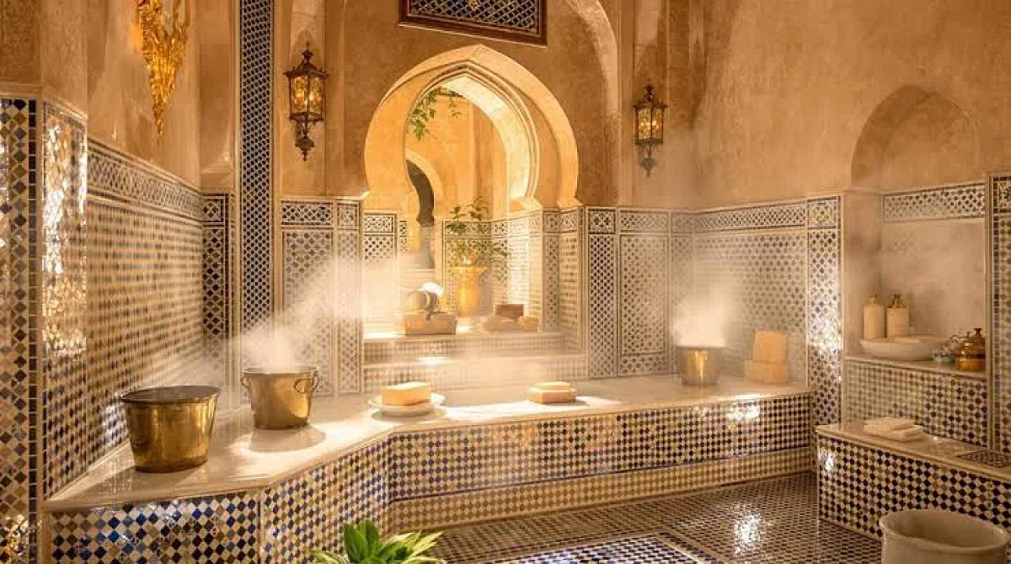Steam rising in a tiled hammam room with brass buckets