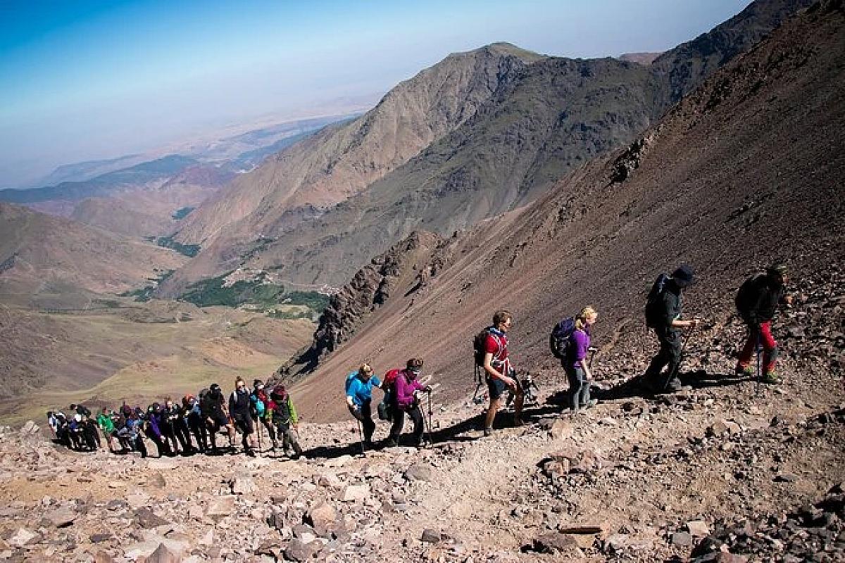 Trekking group following a stony trail through the High Atlas