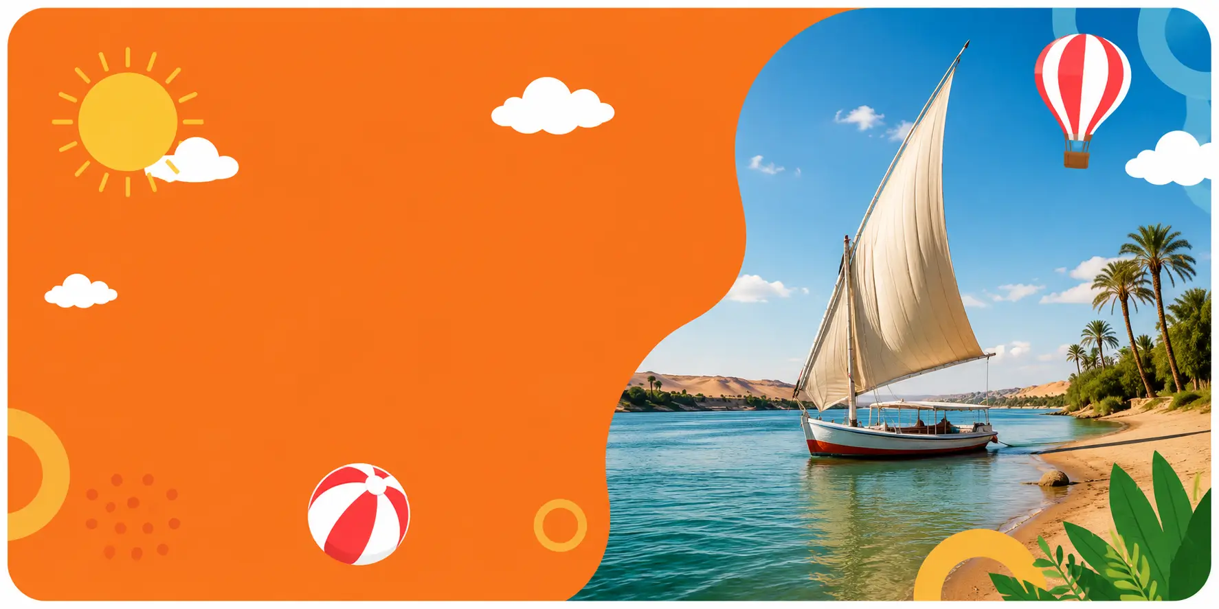 Traditional Moroccan sailboat gliding along a calm river beside sand dunes and palm trees
