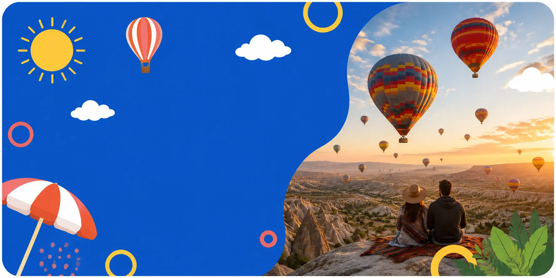 Colorful hot air balloons floating over a valley at sunrise with a couple watching