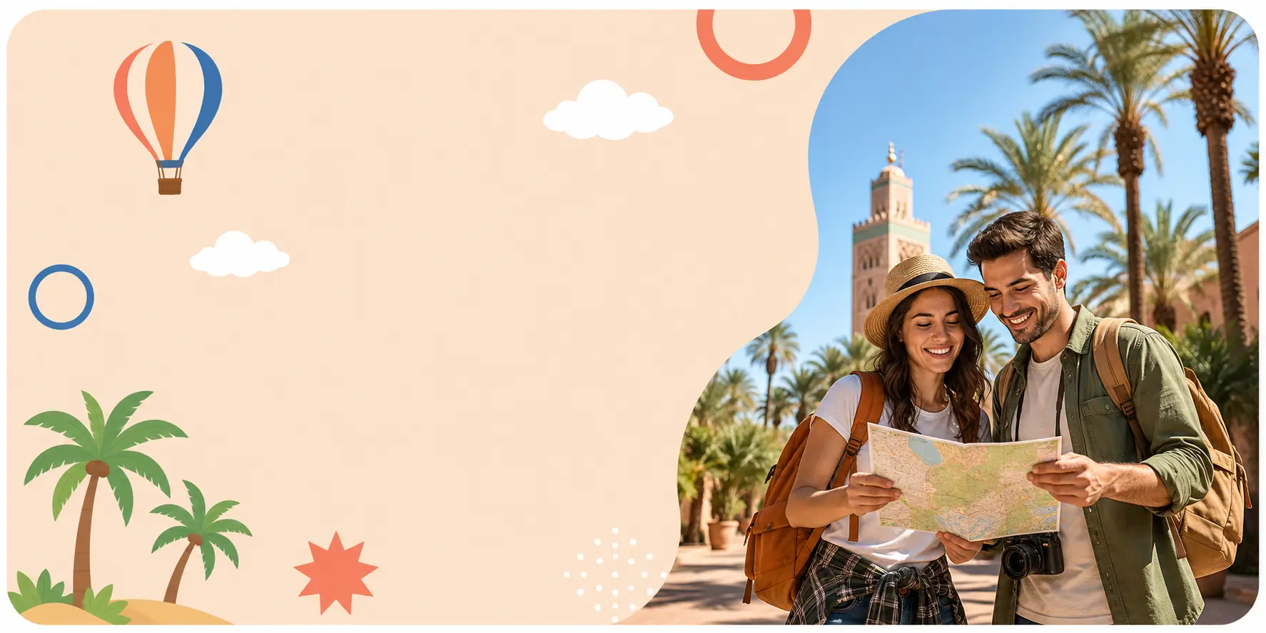 Smiling couple with backpacks reading a map in front of the Koutoubia Mosque and palm trees in Marrakech