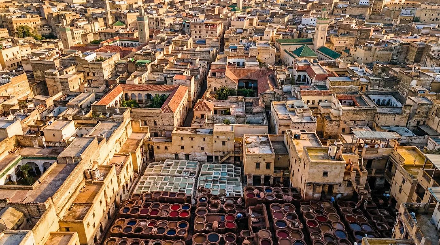 Aerial view over the Fes medina and its ancient tannery pits