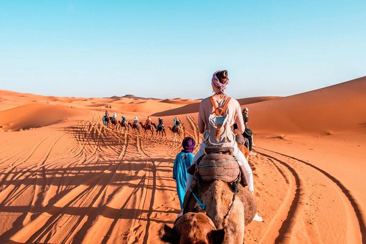 Visitors riding camels in single file across Erg Chebbi