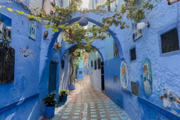 Vine-covered blue archway in a Chefchaouen medina alley