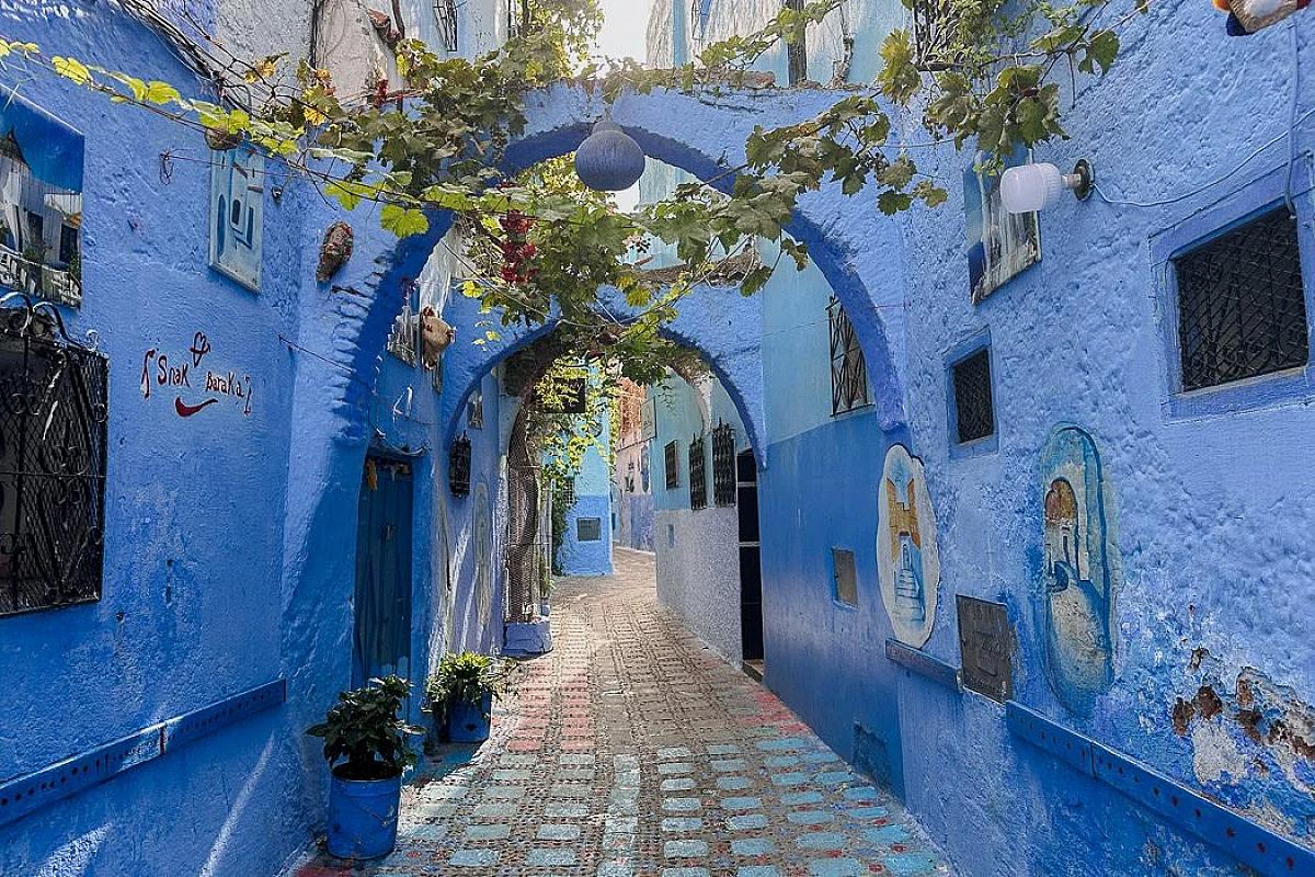 Vine-covered blue archway in a Chefchaouen medina alley