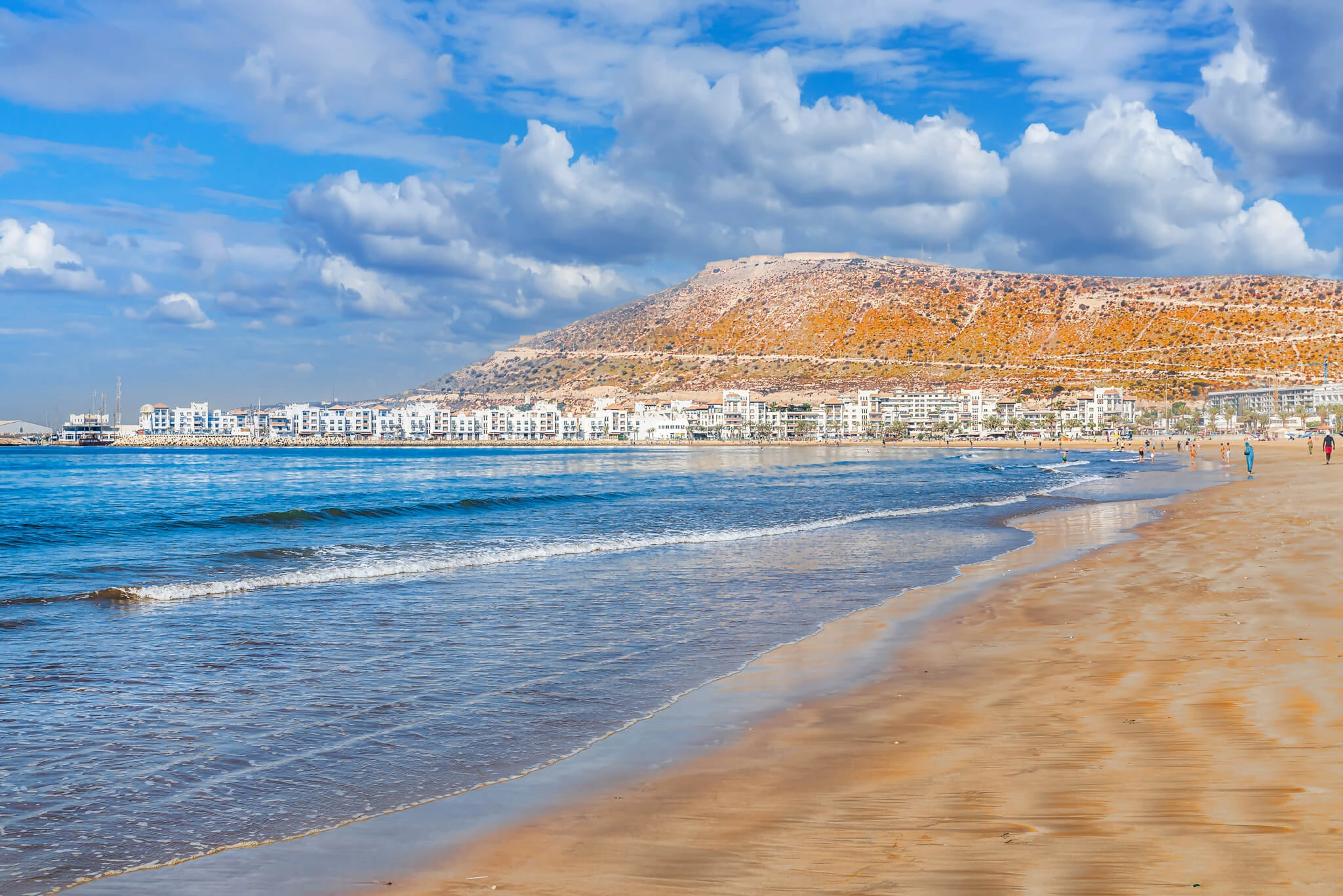 Agadir's long sandy beach curving along the Atlantic bay