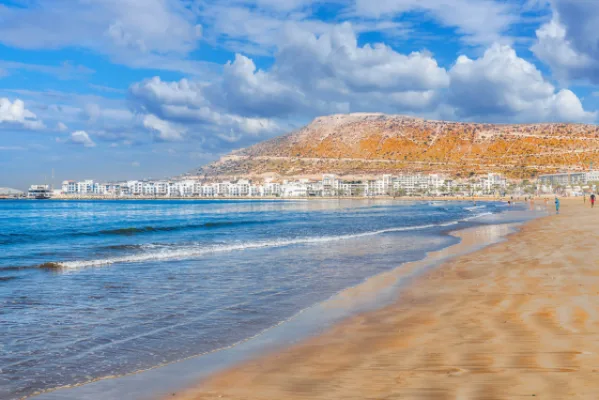 Agadir's long sandy beach curving along the Atlantic bay