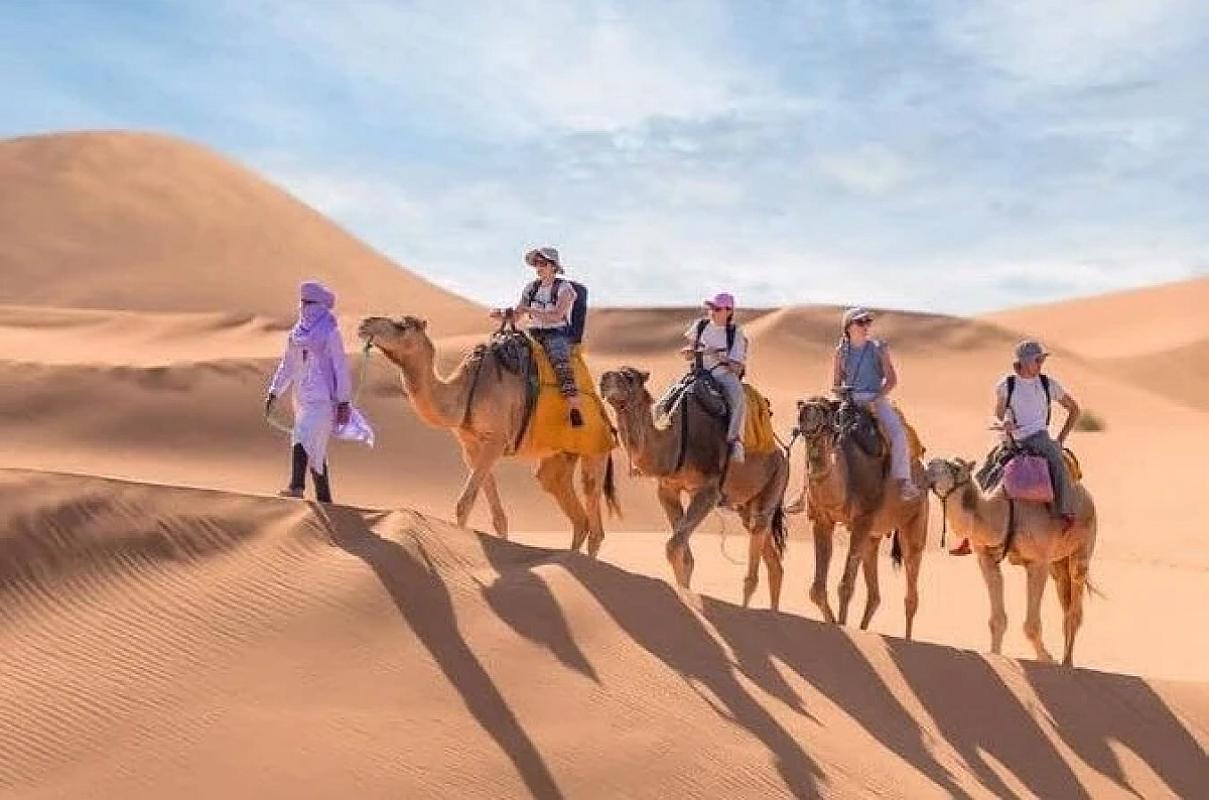 Guide leading visitors on a camel trek across the Merzouga dunes