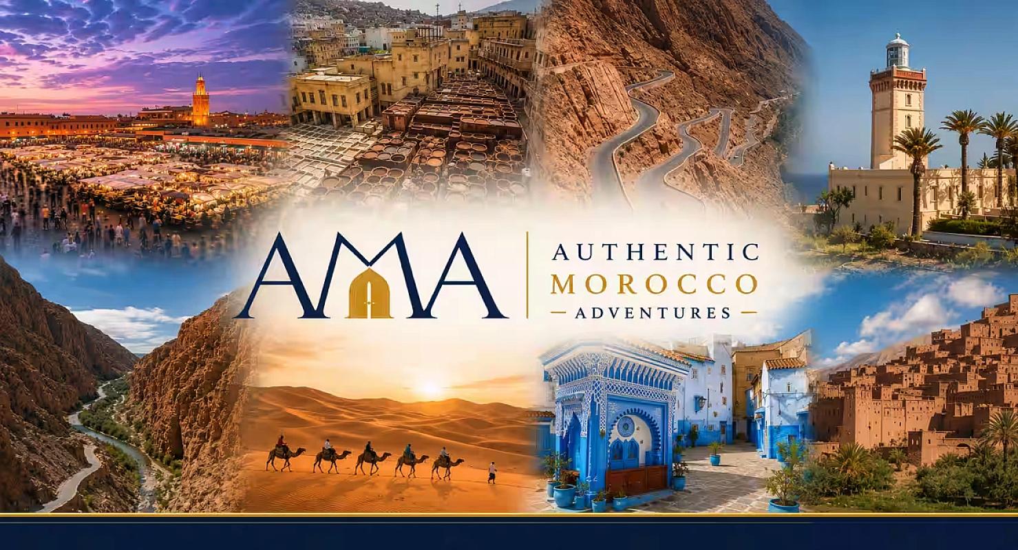 Collage of Morocco travel highlights with the Authentic Morocco Adventures logo
