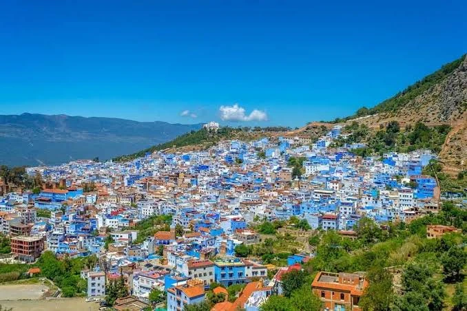 Hillside panorama of Chefchaouen's blue and white medina