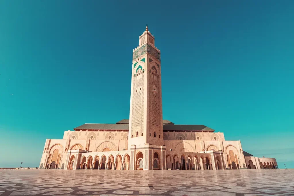 Hassan II Mosque and its minaret beside the Casablanca coastline