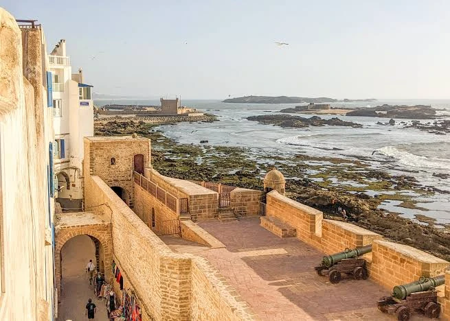 Historic cannons on the Skala ramparts above the Essaouira shore