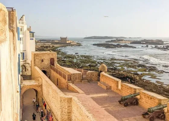Historic cannons on the Skala ramparts above the Essaouira shore